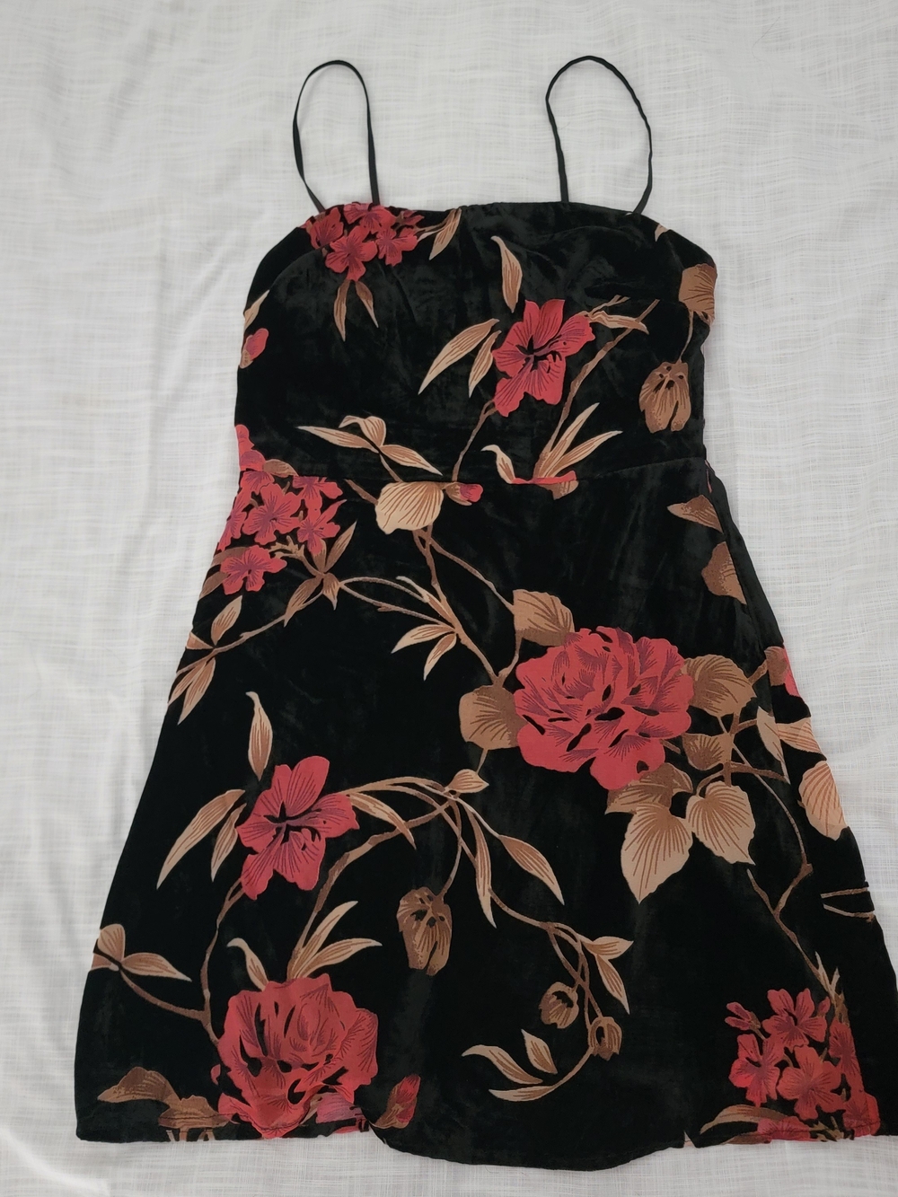 Lush Black Velvet Slip Dress with Red and Tan Floral Print